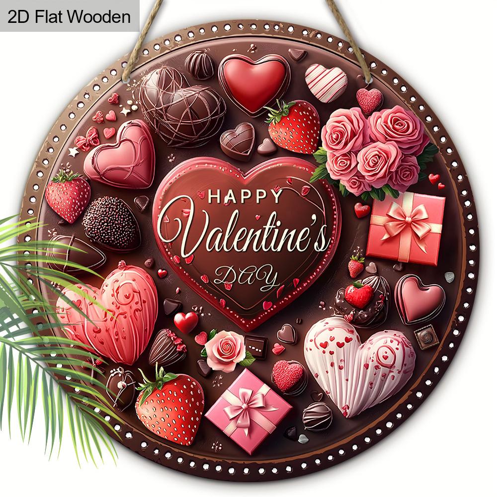 Happy Valentine's Day Chocolate Heart Wooden Sign, Round Front Door Decor, Sweet Treats & Roses Wall Hanging - Ideal Romantic Gift