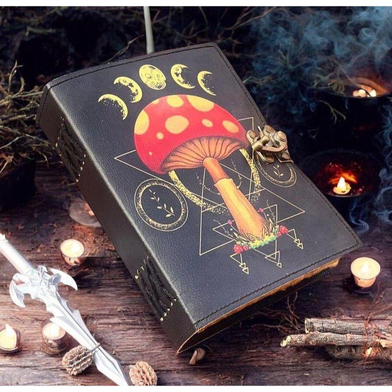 Grimoire Vintage Mushroom leather journal, Handmade Antique Deckle Edge Paper Spell Book of Shadows Journal for gifts