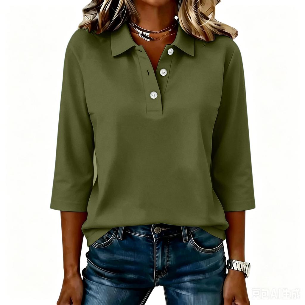 Women's Casual Button Front Polo Shirt Three Quarter Sleeve Solid Color Collared Top Lightweight Comfortable Fit for Everyday Wear