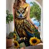 Women' Sleeveless Crew Neck Midi Dress with Owl And Sunflower Print, Bohemian Casual Style Ideal for Summer Beach Vacation And Daily Wear