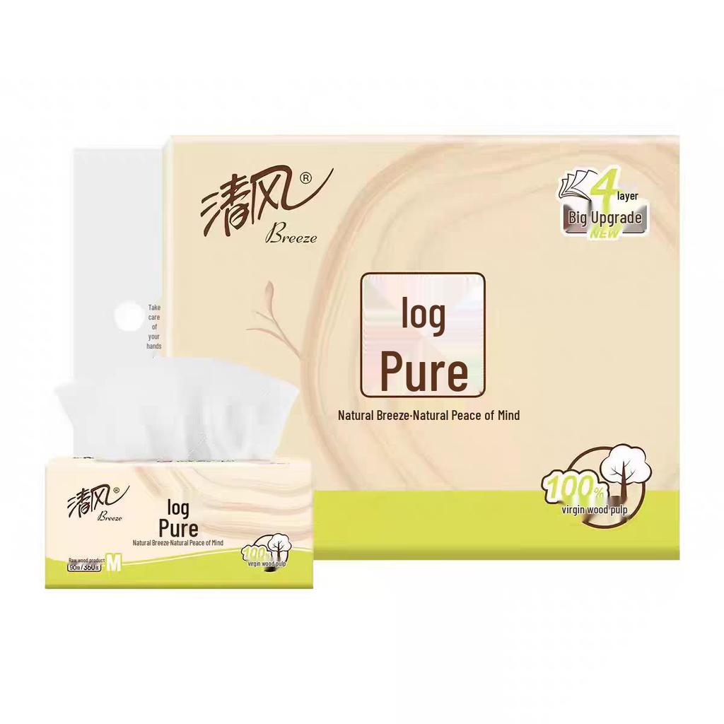 Breeze 4-Ply Solid Wood Facial Tissue, 90 Sheets, 10 Packs, M Size Napkins