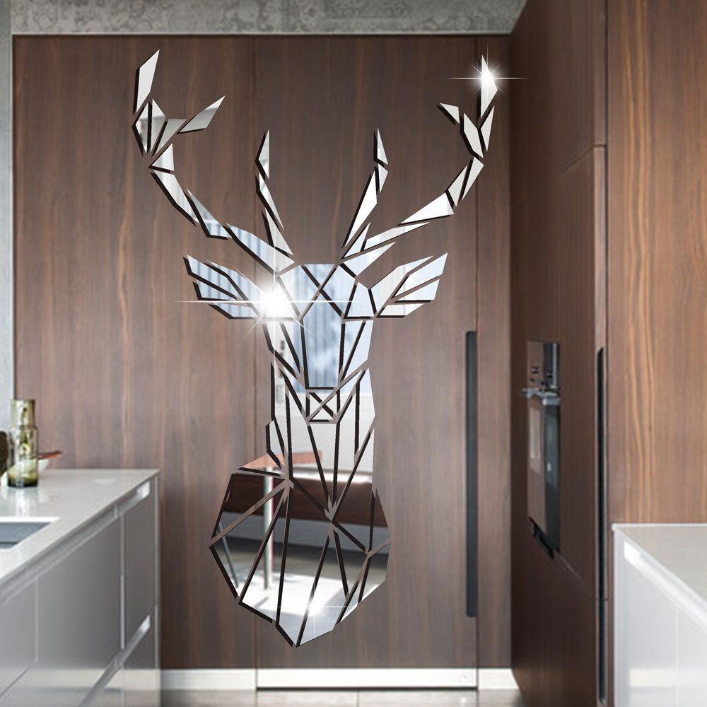 Adesivi murali specchio 3D Adesivo murale rimovibile con testa di cervo acrilico in stile nordico per decorazioni murali per soggiorno domestico fai da te