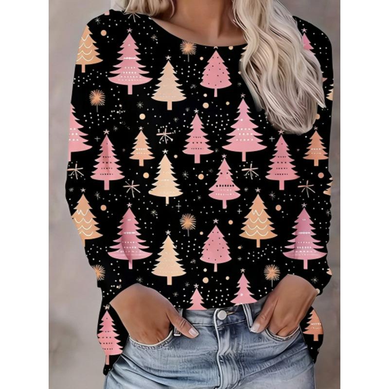 Women's Christmas 3D Printed Crew Neck Long Sleeve T-Shirt Fashion Versatile Trend Breathable Casual