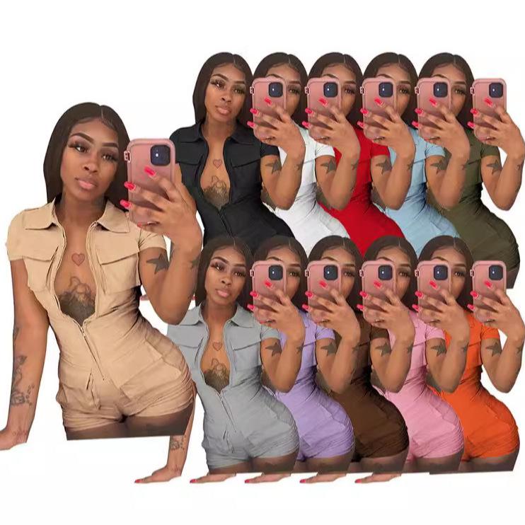 

European & American Women s Summer Zipper Pocket Solid Color Workwear Jumpsuit Small