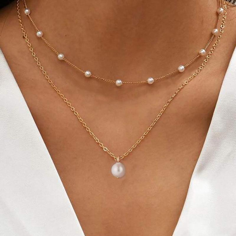 Korean Style Imitation Pearl Double Layered Choker Necklace for Women, Big Ball Bead Pendant Tassel Fashion Jewelry золотистый
