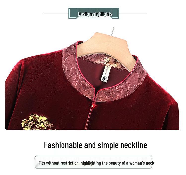Elegant Golden Velvet Long-Sleeve Shirt for Elderly Women - Perfect for Spring and Autumn
