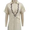 Sommer Baumwoll-Leinen Maxikleid für Damen Lässig V-Ausschnitt Kurzarm Fließendes Strand-Sonnenkleid Bestickte Tunika Langes Kleid mit Tasche