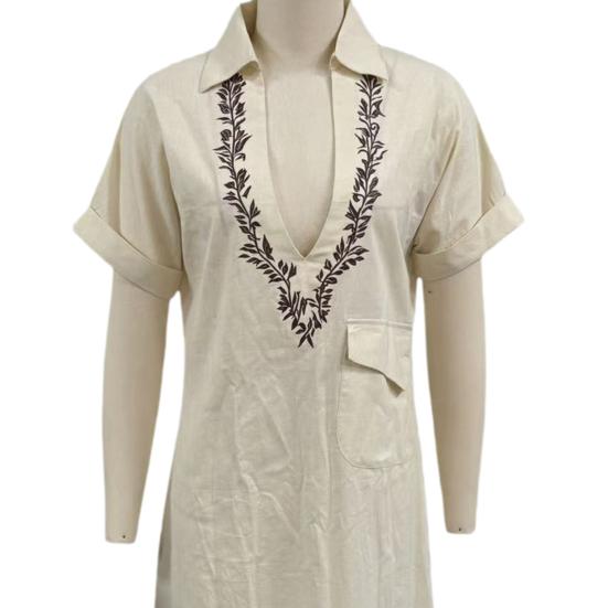 Sommer Baumwoll-Leinen Maxikleid für Damen Lässig V-Ausschnitt Kurzarm Fließendes Strand-Sonnenkleid Bestickte Tunika Langes Kleid mit Tasche