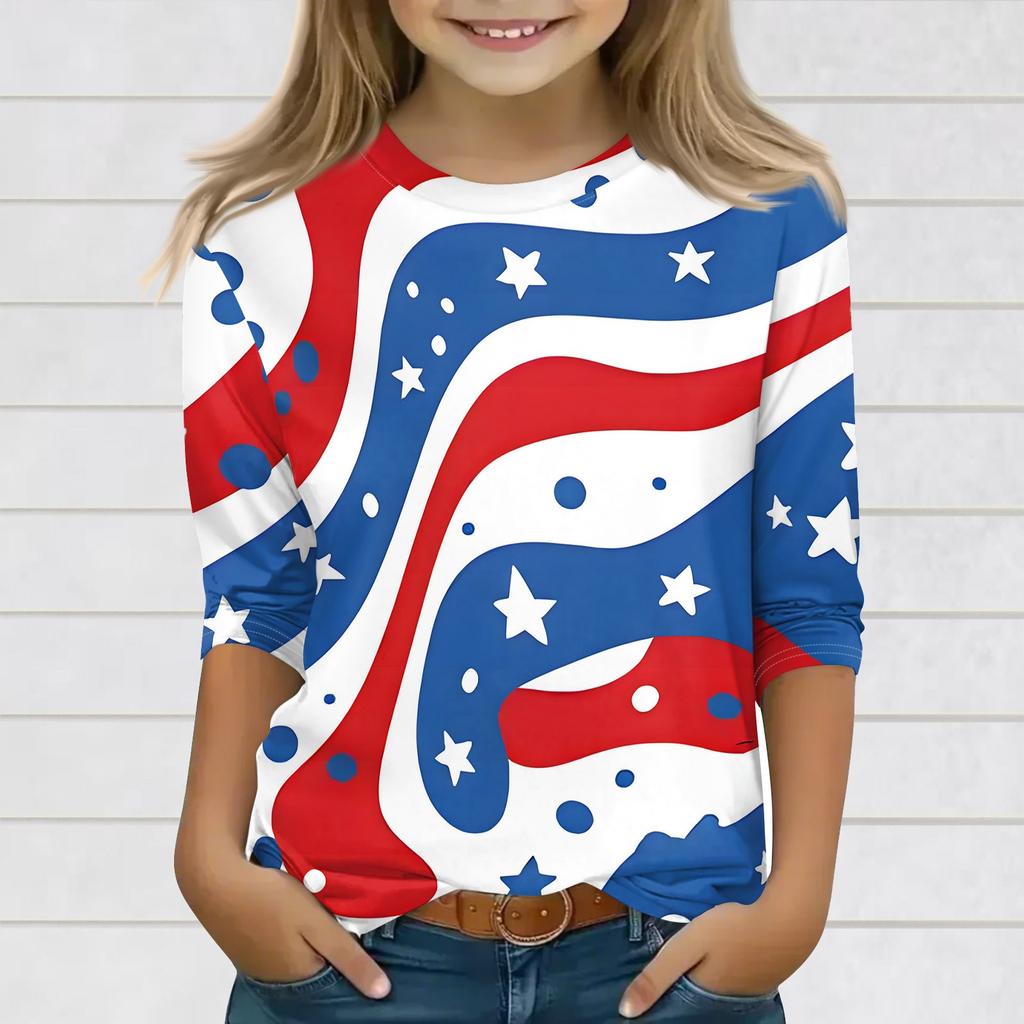 Print Tops For Youth Girls 3-10 Years Round Neck 3/4 Sleeves T-Shirts Trendy Tops Outfit Tees