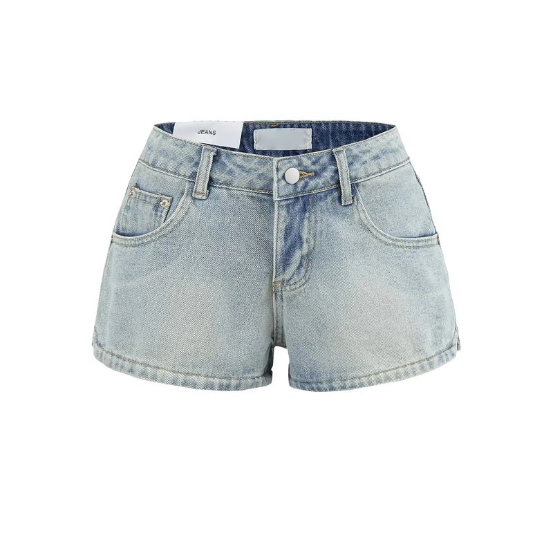 Summer New Product Women's Clothes American Washing Effect Straight-leg Side Arc Slit Design High Waist Denim Shorts