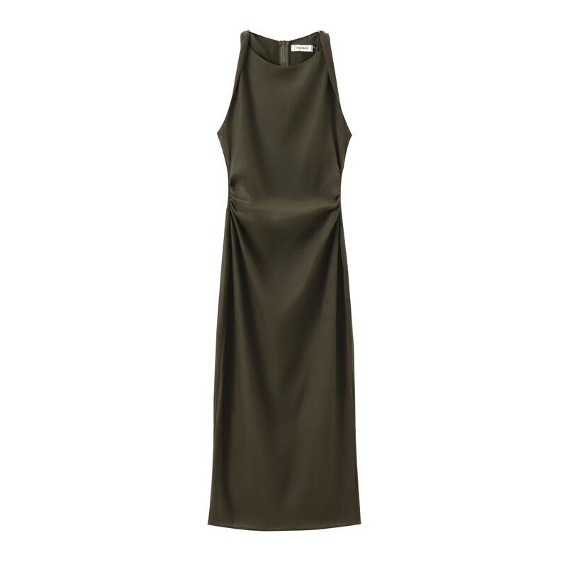 Western Style 2024 Summer New Women Clothes Linen Blend Twisted Armhole Midi Dress 0387071