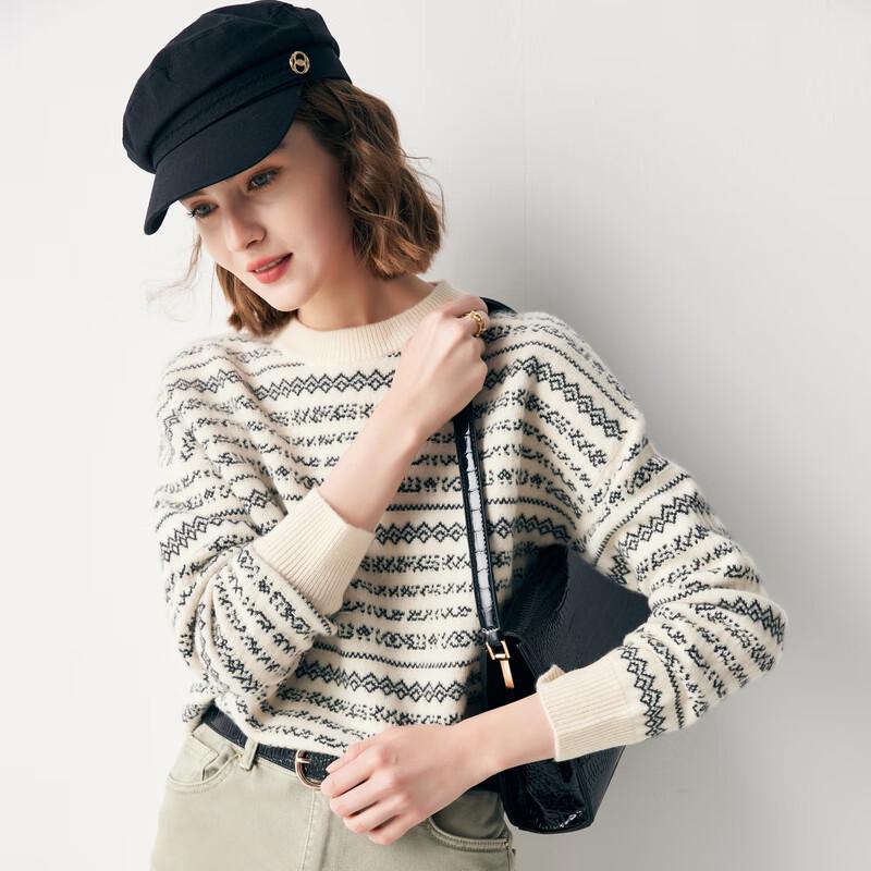 Paro Women's 100% Cashmere Jacquard Striped Round Neck Sweater