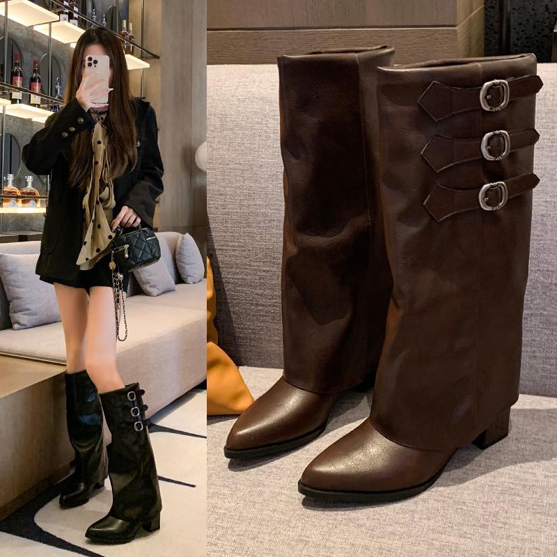 European and American Pointed Thick Heel Thin Inner Heightening Sleeve Martin Boots 2025 Autumn and Winter Spice Girl Fried Street Crowe Knight Boots