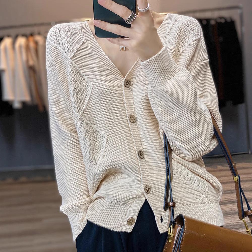 

Non-pilling Cardigan for Women, V-neck Loose Short Coat, Knitted Spring and Autumn Long-sleeved, Elegant Light Mature Sweater XXL бежевий