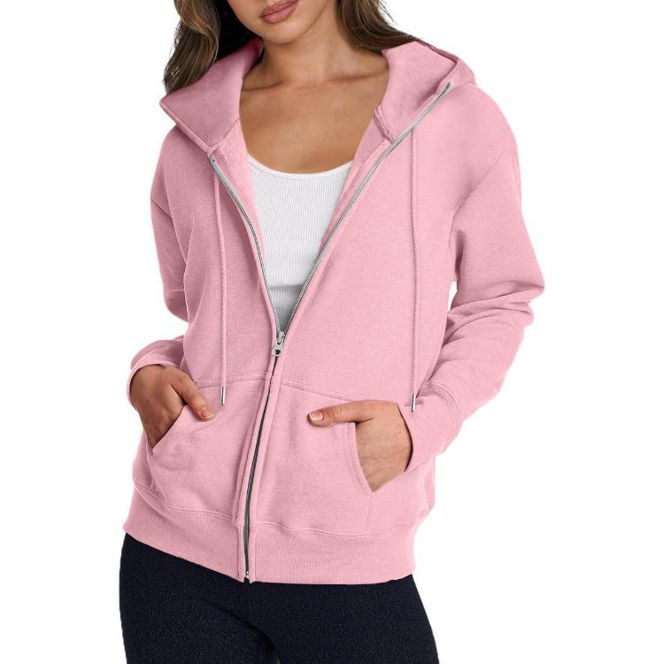 Casual Women Hooded Sweatshirt Long Sleeve Solid Color Zippered Fashion Pullover S розовый
