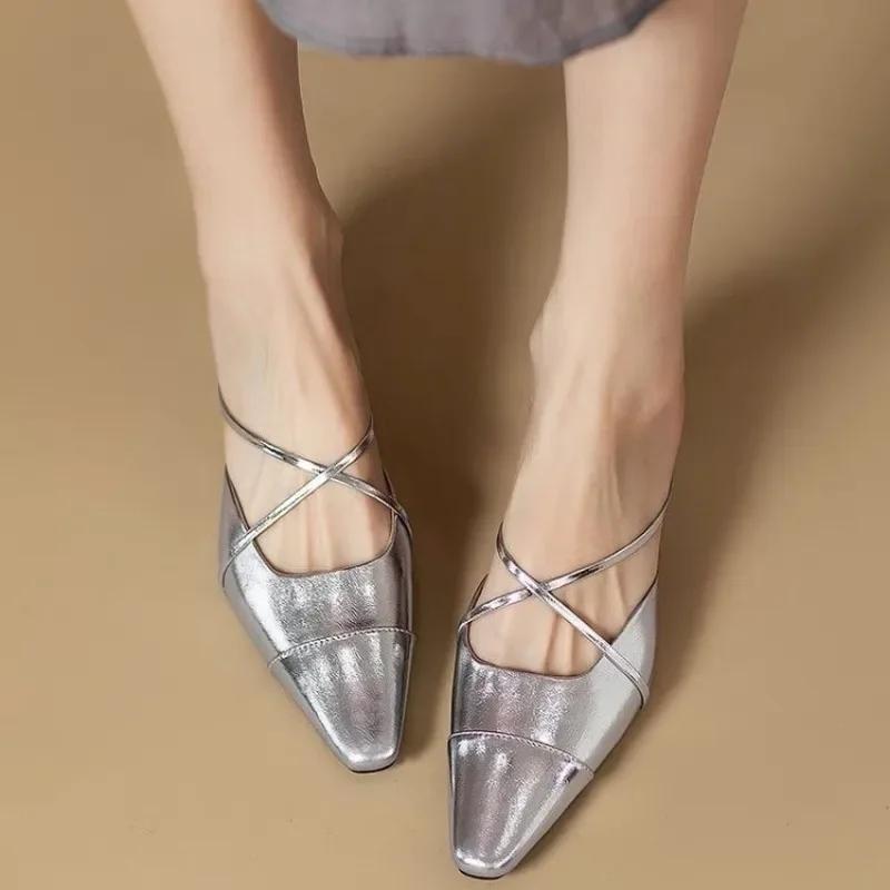 Fashion 2025Women Summer New Thick Heel Middle Heel   High End  Silver  Half Slippers