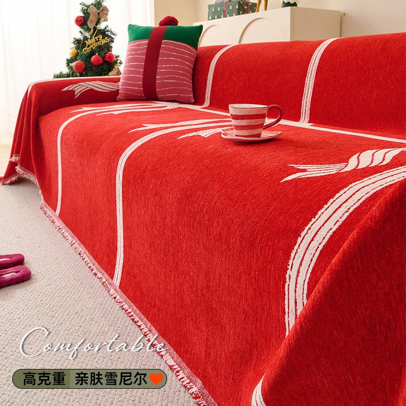 Christmas Red Sofa Towel Fully Covered Sofa Cushion Luxurious Living Room Sofa Cover Blanket Non-Slip Festive Decorations