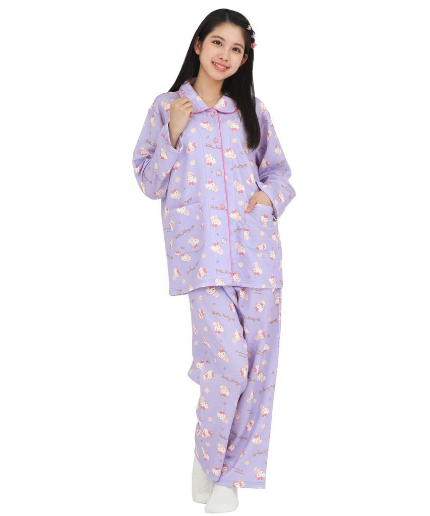SAZAC Hello Kitty Knitted Quilted Shirt Long Sleeve and Pants Loungewear Women's Pajamas, Set, (Purple/L/SAN1854)