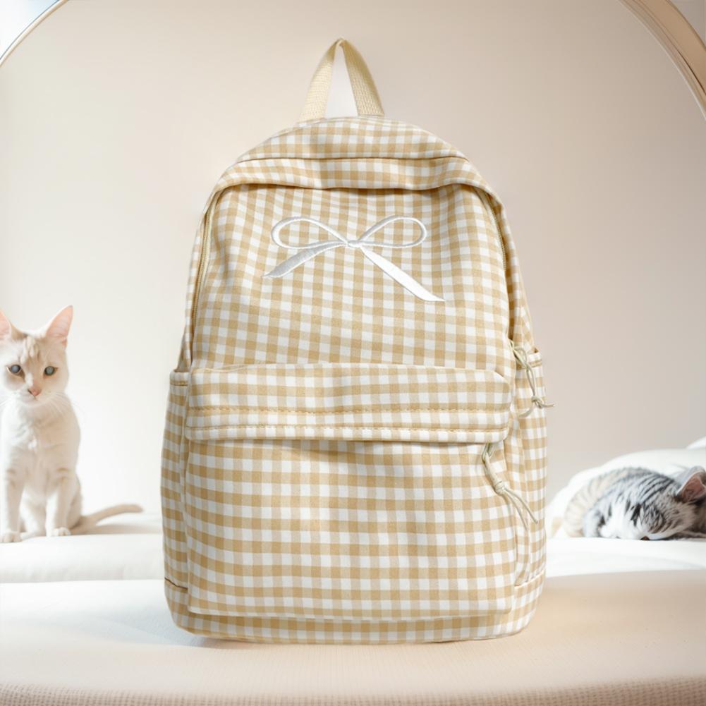 Cute Bowknot Plaid School Backpack Lightweight School Bag Nylon Student Rucksack for Girls Women High School College Work