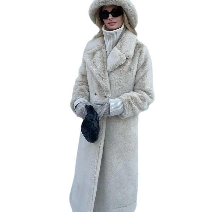 Autumn and Winter Imitation Rabbit Fur Coat Women's Russian Fur Coat Slim Fit Elongated Suit Collar Fur Jacket Women