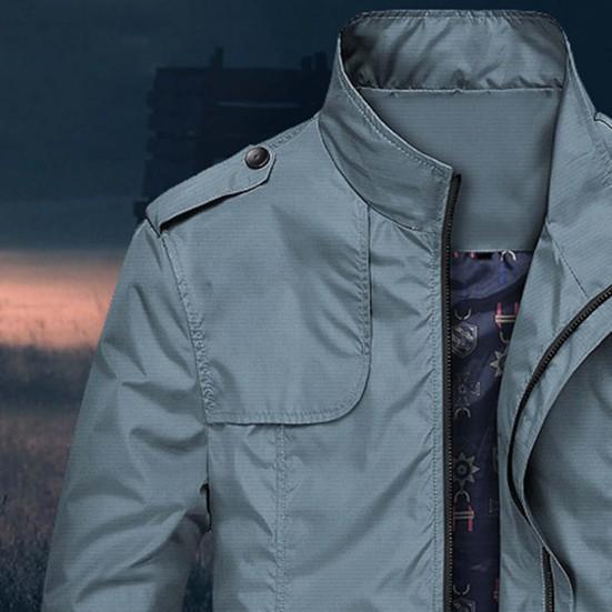 Solid Color Men Coat Stand Collar Top Two Pockets Zipper Closure Casual Jacket for Autumn