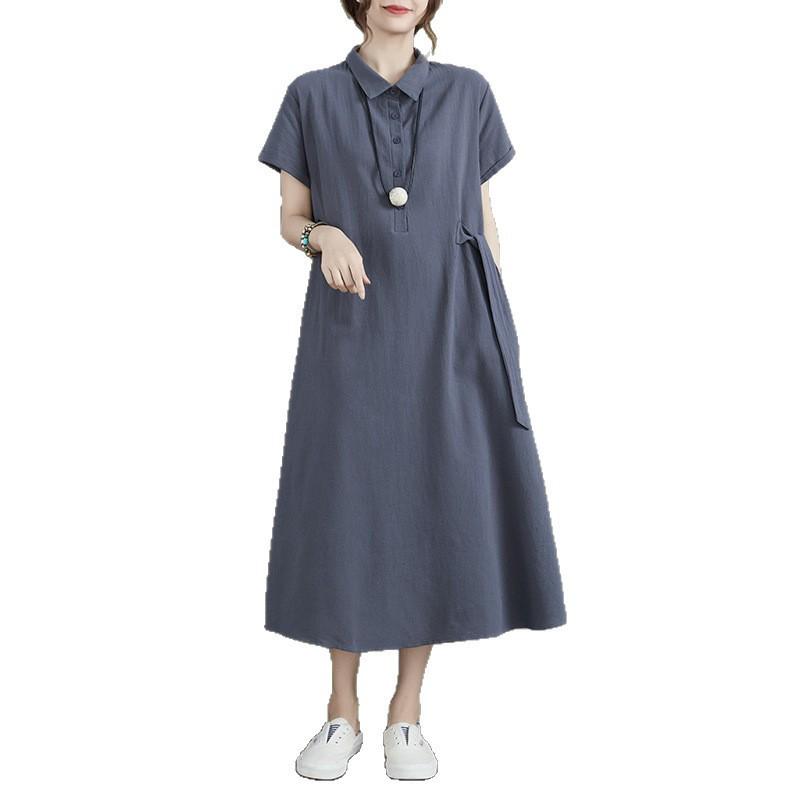 Japanese Style Cotton-Linen Lapel Pocket Dress for Women