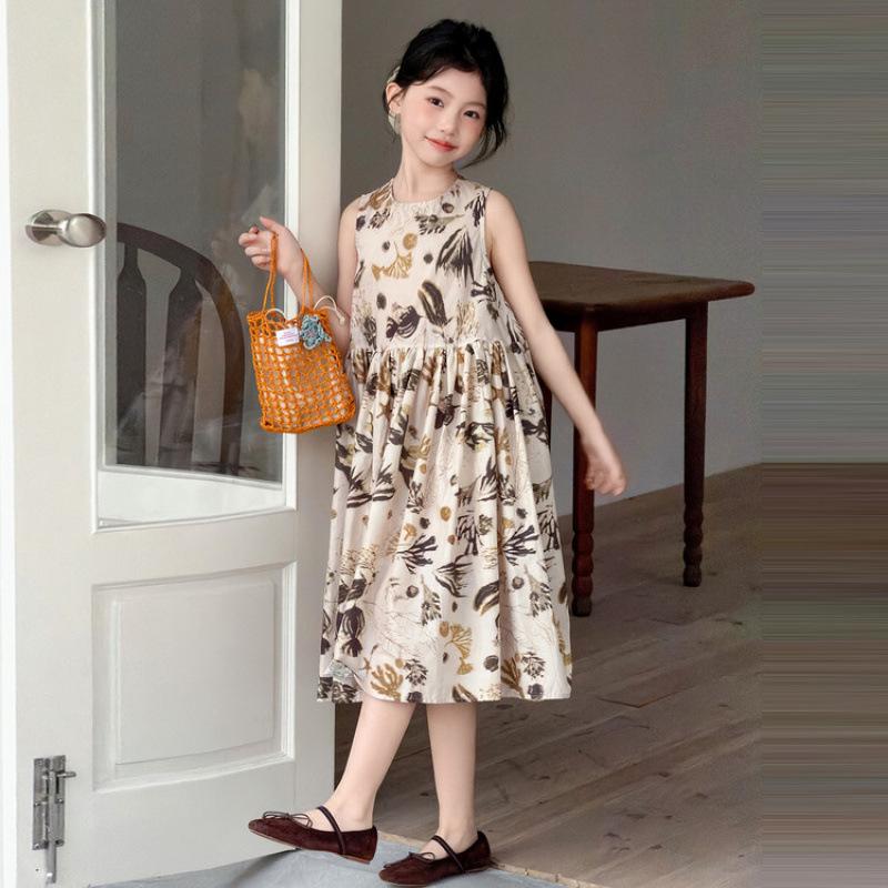 2026 Sweet Korean Style Floral Sleeveless Dress for Girls – Cotton Summer Skirt 120 cm