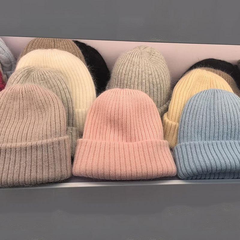 Warm Rabbit Fur Knitted Hat Women's Double-layer Thickened Wool Hat Casual Ear Protection Hat Soft Waxy Headgear Casual Cold Hat Tide