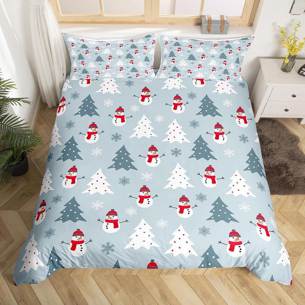 Red Three-Piece Quilt Cover Digital Printing Bedding Set Christmas Elk Snowflake Bed Cover
