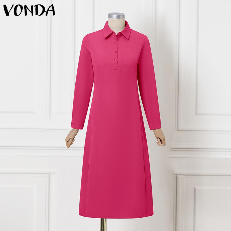 

VONDA Элегантное женское платье-рубашка с длинным рукавом на пуговицах, с отложным воротником, длинное, прямого кроя 5XL