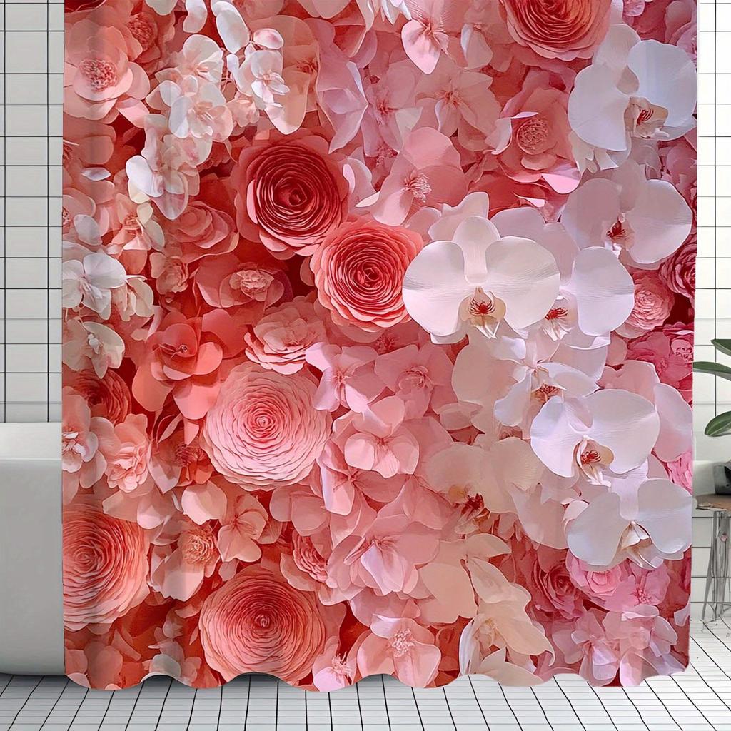 Elegant Pink & White Floral Shower Curtain, 12 Grommets, Polyester, Machine Washable, Ideal For Bathroom