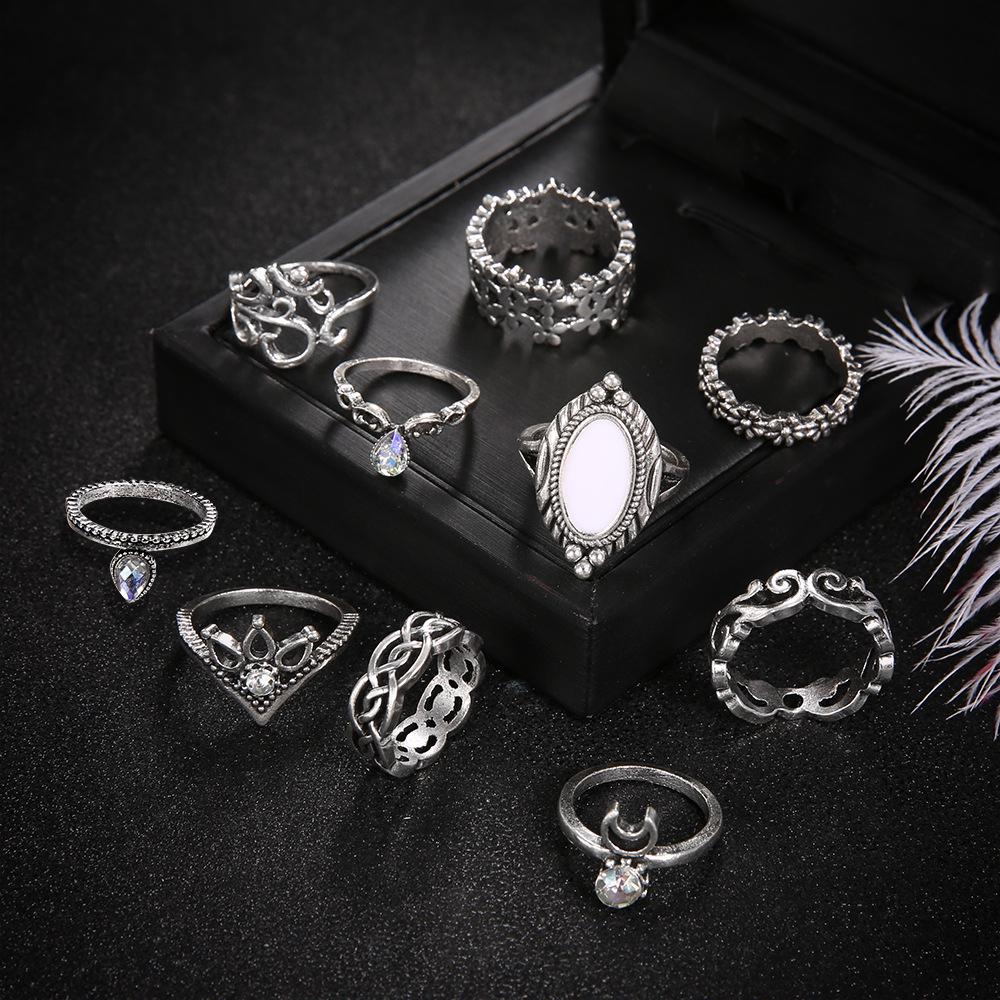 Dazzling Opal Diamond Crescent 10-Piece Joint Ring Combination Set