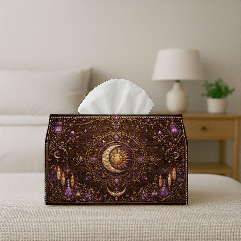 2D Flat 1pc Mystic Celestial Galaxy Decorative Purple Moon Star Dark Texture Tissue Box with Storage Organizer for Home, Kitchen, Car, Spill-Resistant
