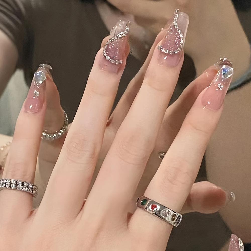 24 Pcs Glossy Nude Pink Heart Press On Nails with Water Drop Rhinestones - Medium Length Valentine's Day False Nails for Women and Girls