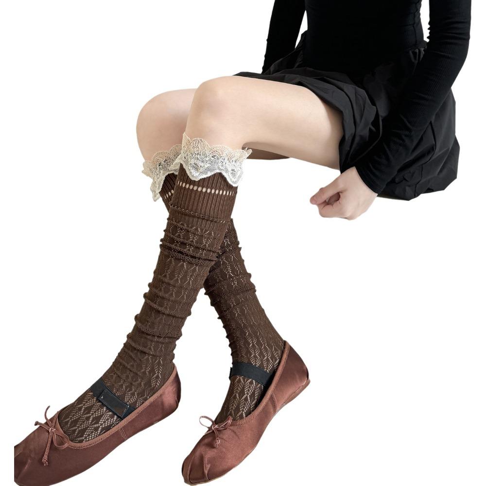 Kawaii Lace Trim Knee-high Socks Breathable Hollow Out Calf Socks Odor-resistant Soft Boot Socks Fall Winter