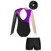 Girls Shiny Leotard Mesh Long Sleeves Keyhole Back Gymnastics Outfit V Front Design Waistband Shorts Performance Set