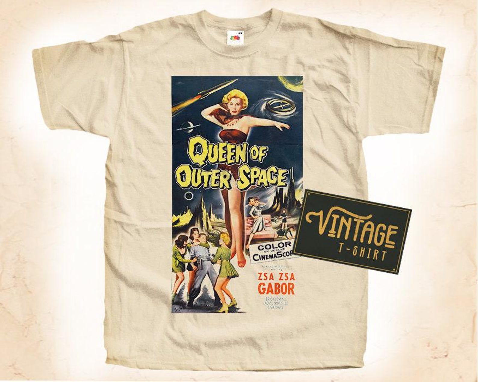 Queen of Outer Space T-Shirt Tee Natural Vintage Cotton Movie Poster Beige All Sizes S M L XL 2X 3X 4X 5X 4XL