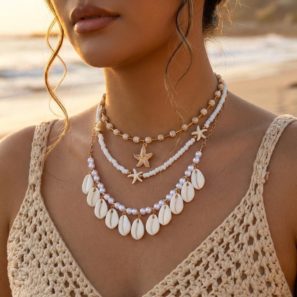 Bohemian Multilayer Starfish Shell Pendant Necklace for Women Handmade Imitation Pearl Beaded Choker Beach Party Charm Jewelry