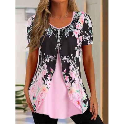 Elegant Fake Two-Piece Top Women'S Round Neck Short Sleeved Button Blouse Summer Office Lady Work Casual Top