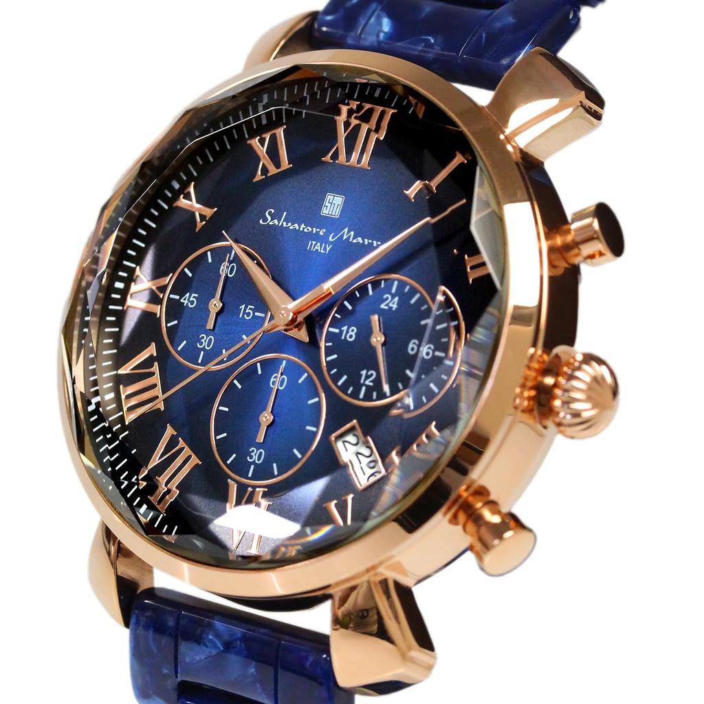 Salvatore Marra Men's Blue Watch with Faceted Glass, Chronograph, and Acetate Strap, SM19104A-PGBL