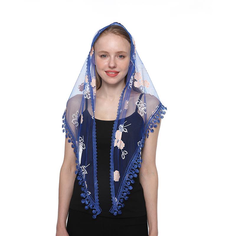 Embroidered Scarf for Church Shawl with Spanish Fringes Christian Veil Spanish Mantilla Lace Shawl Floral Women Handkerchief