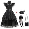 (Dress +Belt +Bag+Gloves+Wig, 9-10Y) Kids Girls Wednesday The Addams Family Costume Halloween Dress Birthday Party
