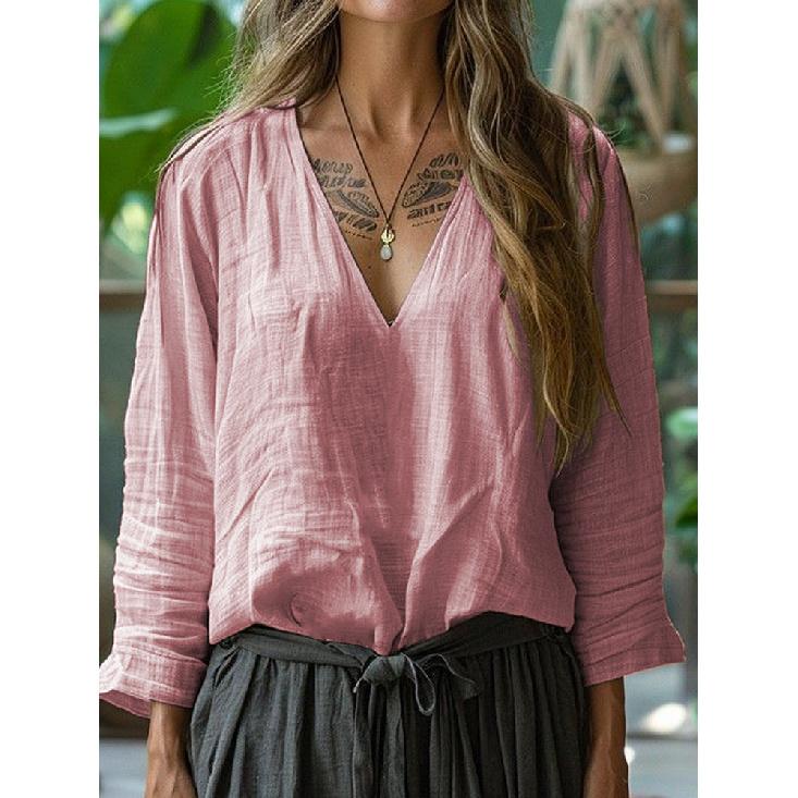 

2026 New Women s Casual V-neck Long-sleeve Pullover Solid Color Women s T-shirt S розовый