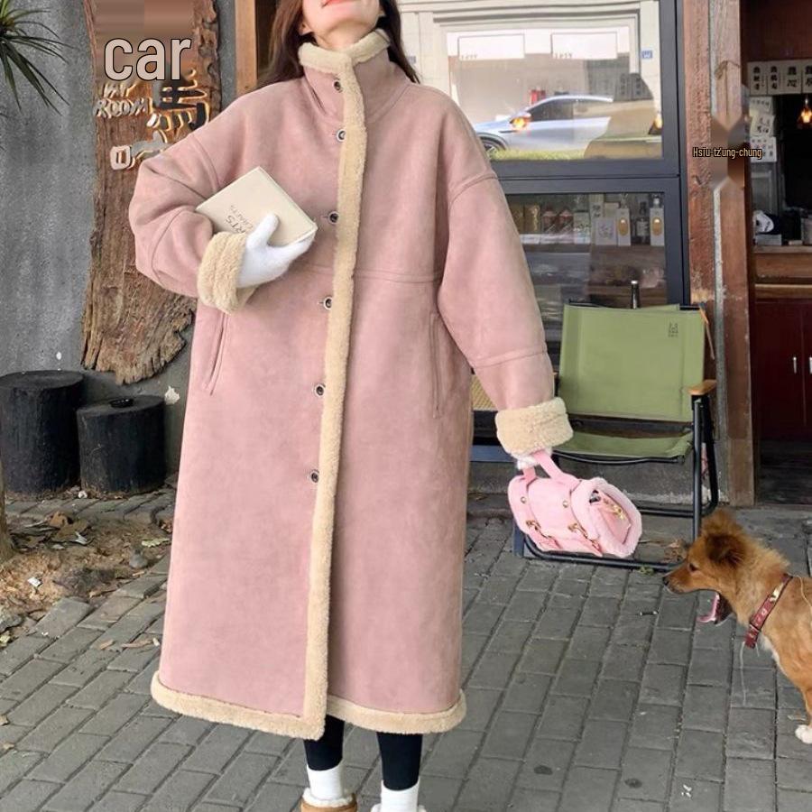 Women's Pink Elegant Long Lambswool Coat - 2025 Korean Style Autumn/Winter Slimming Jacket