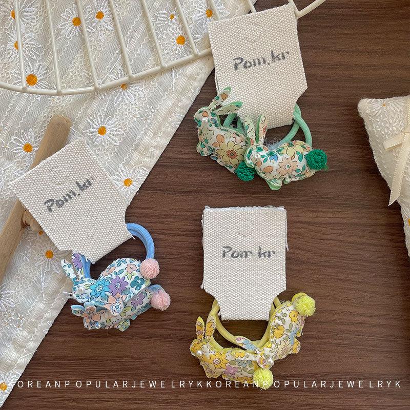 Korean Style Cartoon Bunny Hair Ties Set - Cute Floral Pompon Headbands for Kids