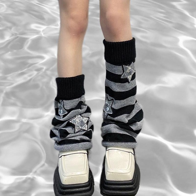 Harajuku Women Autumn Leg Warmers Socks Japanese Gothic Striped Sequins Stars Knitted Long Socks Punk Baggy Foot Covers