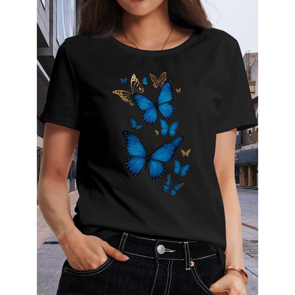 Blue Butterfly Print T-shirt Fashionable Women's T-shirt Medium Casual Clothing Harajuku Short Sleeve Casual Clothes