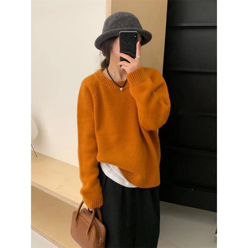Autumn and Winter New Retro Soft Waxy Candy Color Crew Neck Pullover Sweater Women's Loose Lazy Knitted Sweater Top Thick