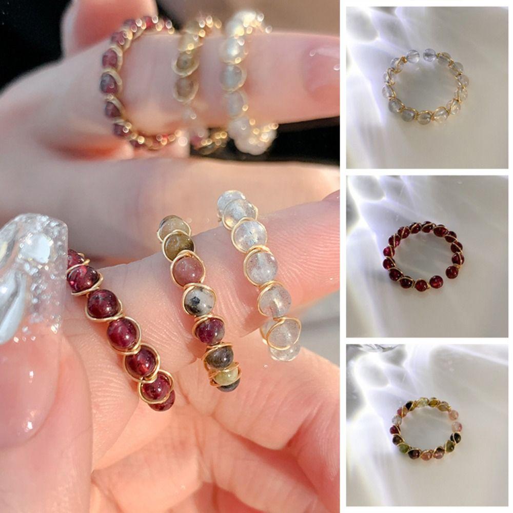 3PCS Finger Jewelry Colorful Beads Ring Adjustable Opening Ring Trendy Round Bead Ring  Women