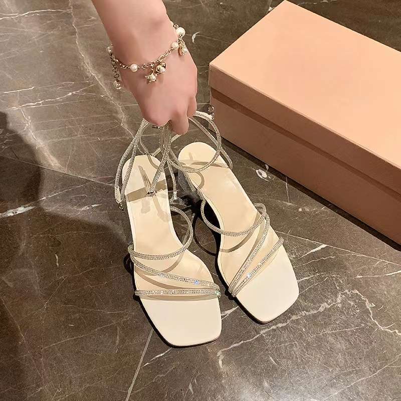 Summer evening breeze fairy one-word buckle with skirt thick heel sandals female French rhinestone snake strap high heels